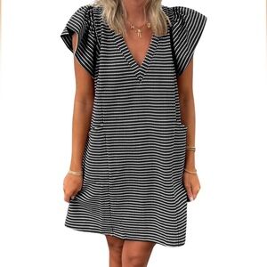 Black Striped V-Neck Mini Dress Puff Flutter Sleeve Casual Knit Dress Pockets